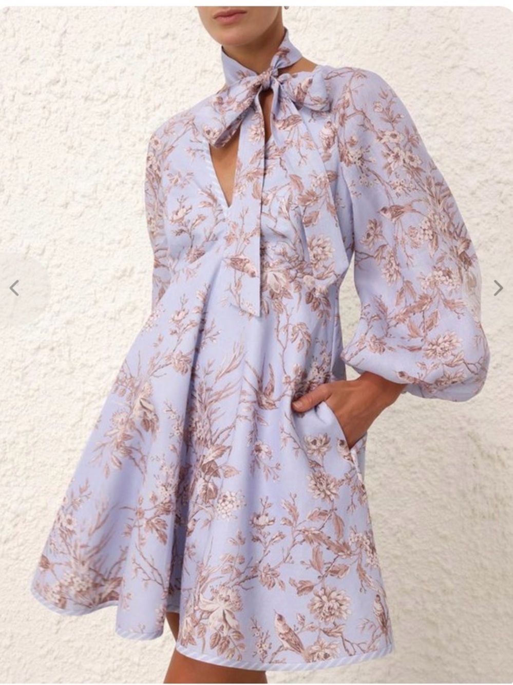 Zimmermann Light Blue Floral Tie-Neck A-Line Dress